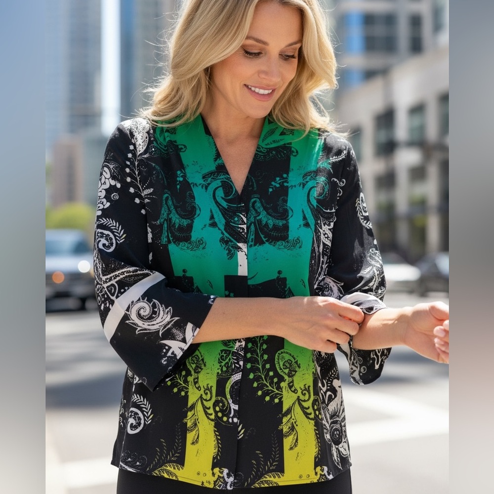 💋 Etro Stylish Black and Green Patterned Blouse‎ 164